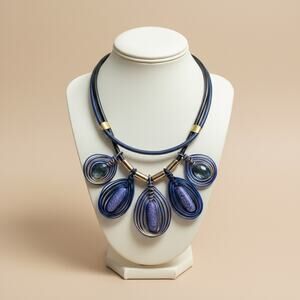 African Blue Wire Wrapped Statement Necklace Crystal Wood Bib Choker